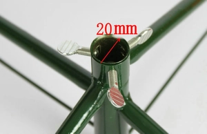 Detail view of a 20mm green metal Christmas tree stand base with adjustable thumb screws