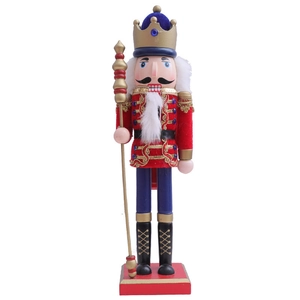 Classic 38cm wooden Nutcracker King soldier with gold crown and scepter on white background