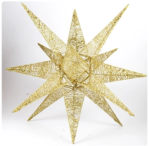 Detailed view of 14-point gold sparkling star with hollow wire texture for Christmas decor