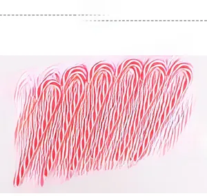 Close-up of five red and white striped candy cane ornaments for Christmas tree decor