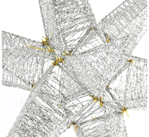 Close-up detail of silver glitter mesh 14-point star Christmas decoration ornament