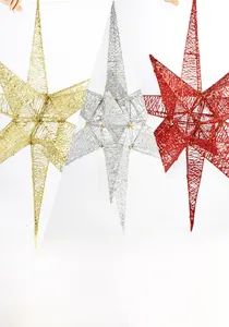 Close-up of hollow woven 14-point star Christmas ornaments in gold, silver, and red glitter