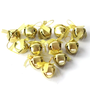 Set of 12 glossy gold metal Christmas bells with silk bows and hanging strings for tree decor