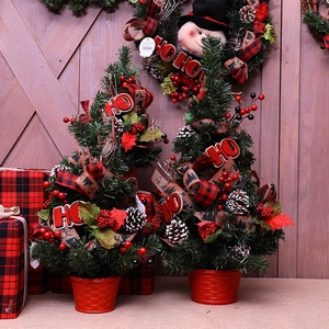 Mini Christmas Tree Desktop Ornament With Red Berries Pine Cones Plaid Ribbon Potted Small Xmas Tree For Window Table Decor