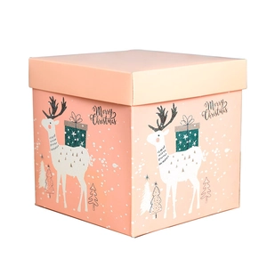 Pink square Christmas gift box with Merry Christmas text and festive reindeer patterns
