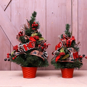 Mini tabletop Christmas trees set with red berries pine cones and HO decor in red pots