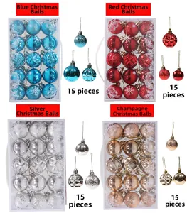 Set of 15 multi-textured Christmas balls in blue red silver and champagne finishes