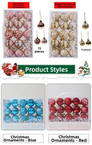 Detailed set of 15 multi-textured Christmas baubles in rose gold, gold, blue, and red tones
