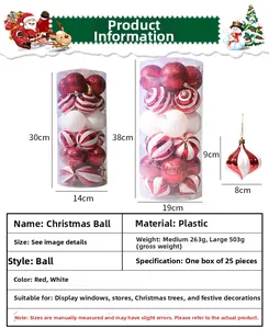 Detaillierte Maße von 25-teiligen rot-weißen Weihnachtskugeln im Kunststoffgehäuse Set