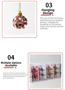 Detail of rose gold plated Christmas ball with hanging rope and assorted box set