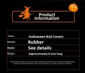 Detail specifications for Halloween witch finger claws with rubber material and 8.5cm size