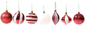 Set mit sieben rot-weißen Weihnachtsanhängern mit geprägten Mustern und Glitzer-Details