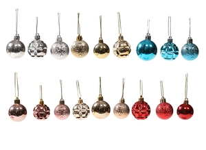 Detail of 18 colorful Christmas ornaments with glitter, matte, and embossed snowflake textures
