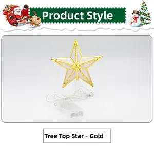 Close-up of golden Christmas tree topper star with white light and battery power box