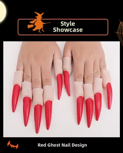 Set of 10 realistic flesh-toned silicone finger sleeves with long sharp red ghost nails