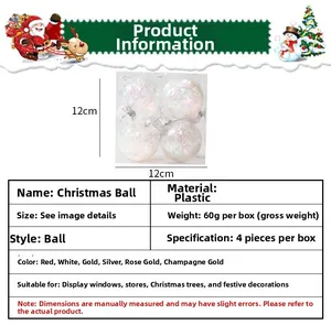 Macro detail of transparent PET laser-effect Christmas ball set in a four-pack display box