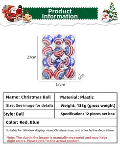 Macro shot of 12 red and blue hanging ornaments with white stars in a transparent box