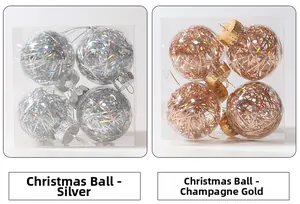 Detail view of transparent PET Christmas balls with glitter silk in silver and champagne gold