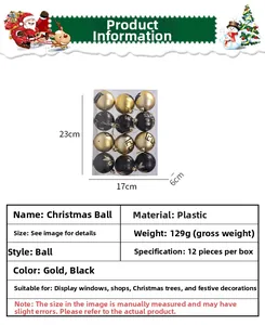 Detailed specs of 12-piece gold and black hand-painted plastic Christmas ornaments
