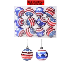 Detail of red white and blue American flag style Christmas ornaments with glitter finish