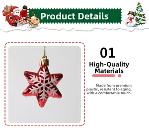 Close-up of red star Christmas ornament with white snowflake patterns and gold string