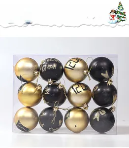 Close-up of 12-pack gold and black Christmas baubles with hand-painted deer and patterns