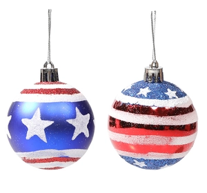 Detail of red white and blue star and stripe Christmas balls with glitter finish
