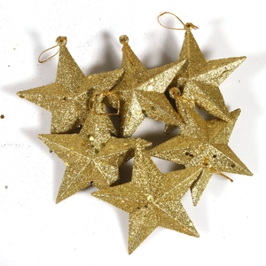 Set of 6 gold glitter star Christmas ornaments with hanging loops on white background