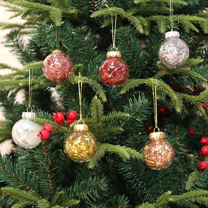 Set of 6 transparent Christmas ball ornaments with colorful laser wire fillers and gold cords