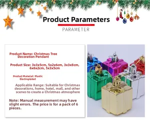Detail showing colorful electroplated Christmas gift box ornaments with size parameters