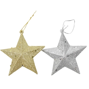 Glittering gold and silver star Christmas tree ornaments set with sparkling sequins surface