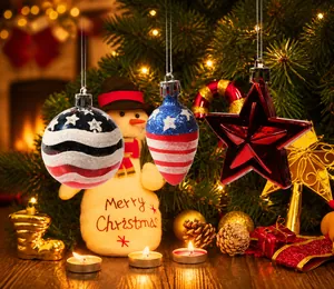 Detail of US Independence Day themed Christmas ornaments with American flag patterns