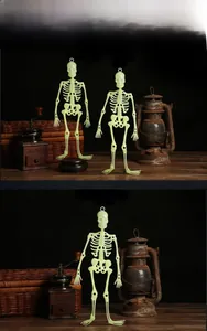 Close-up of luminous Halloween skeleton with hanging ring in a vintage gothic setting