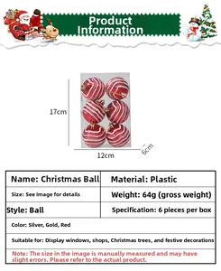 Detail view of red and white striped Christmas balls set with 6cm diameter and 6pcs box pack