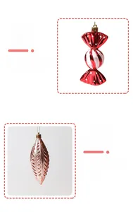 Detail of candy-shaped and rose gold leaf Christmas tree ornaments with hanging hooks