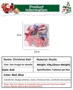 Detailed size specifications for American flag themed Christmas ball ornaments in clear box