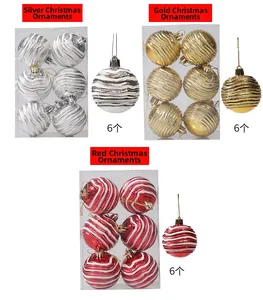 Detail of Christmas tree ornaments with wave texture and glitter finish in a 6-pack set
