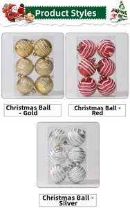 Detail of 6-pack Christmas balls with wave texture in gold, red, and silver finishes