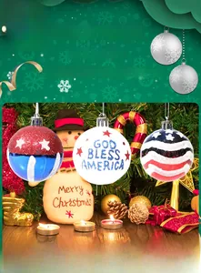 Detail of American flag themed Christmas baubles with God Bless America text and stars