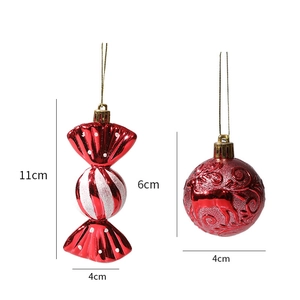 Detailed view of red candy-shaped and reindeer relief Christmas tree ornaments with dimensions