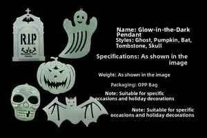 Macro detail of glowing soft plastic Halloween pendants including ghosts and pumpkins