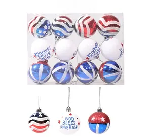Close-up of 12 hand-painted American flag ornaments with stars and patriotic text