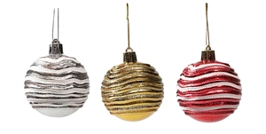 Close-up of red, gold, and silver 6cm Christmas balls with wavy texture and glitter