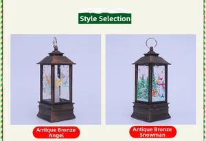 Detail view of bronze Christmas lanterns featuring angel and snowman glass patterns