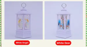 White Christmas lanterns featuring angel and reindeer designs with metal hanging rings