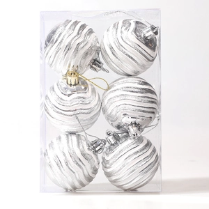 Set of 6 silver and white wave-patterned Christmas ornaments with festive glitter finish