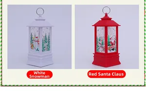 Detail of Christmas LED lanterns featuring white snowman and red Santa Claus designs