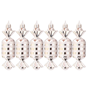 Set of 6 silver candy Christmas ornaments with glitter stripes for tree decoration