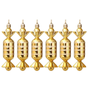Detailed set of six golden electroplated candy-shaped ornaments with glitter stripes