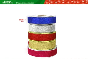 Detail showing five colors of 5cm wide glitter ribbon for Christmas gift decoration